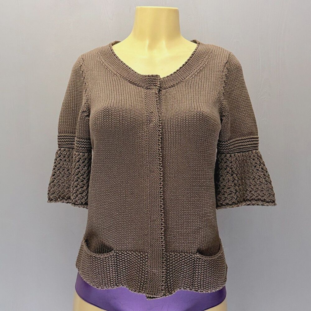 Vintage Elie Tahari Taupe Cotton Silk Bell Sleeve Knit Cardigan Sweater